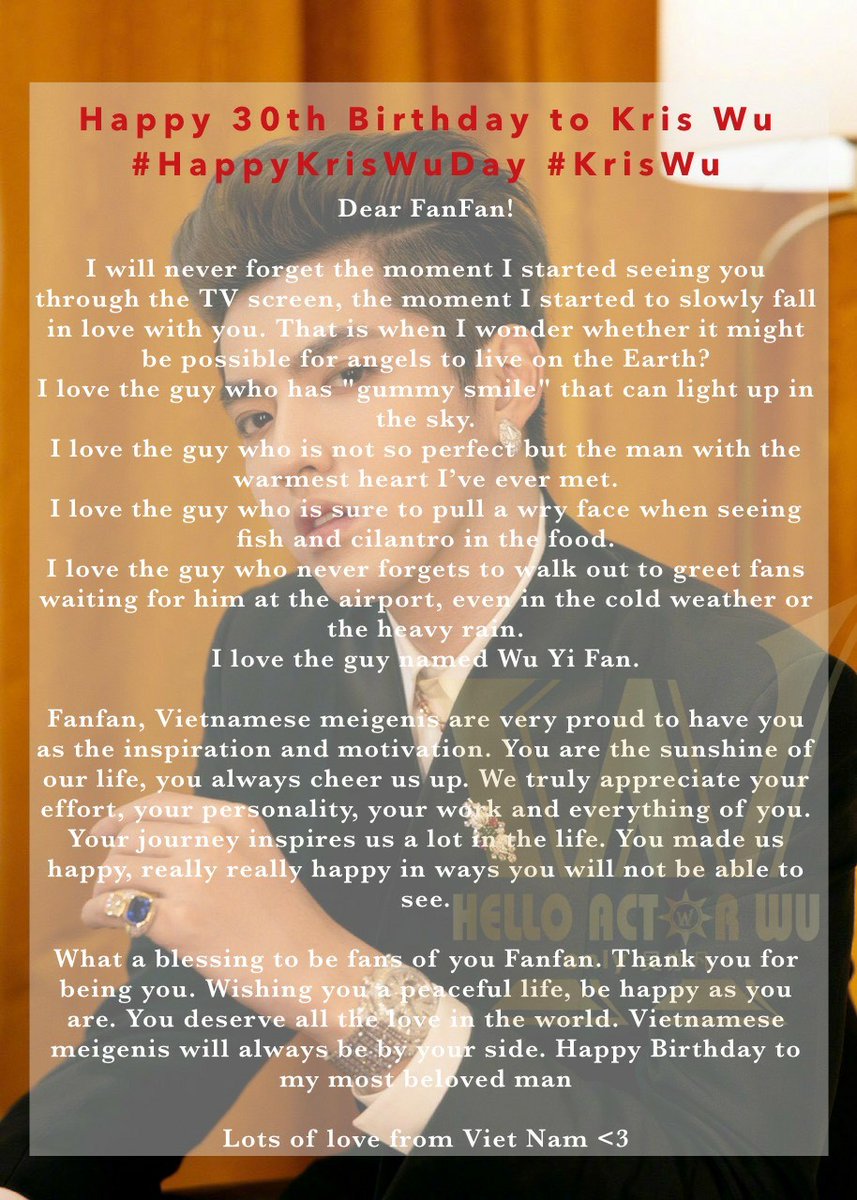 HWuyifan's tweet photo. Happy 30th Birthday to my most beloved man @KrisWu 🎂🎂🎂
Love from Viet Nam <3
@KrisBar_WuYiFan
#HappyKrisWuDay #KrisWu
#KrisBarGiveaway #HelloActorWu https://t.co/pmdWfT6Q0d