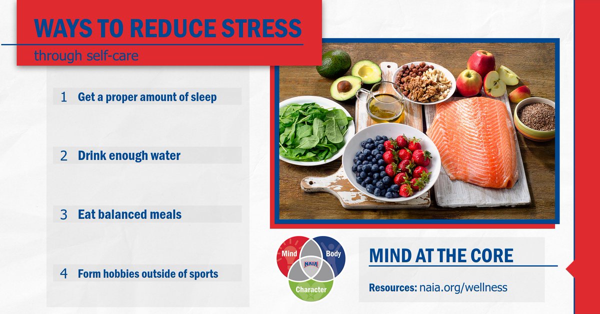NAIA's tweet photo. Student-athletes report higher levels of negative emotional
stress than other adolescents. It is important to practice self-care to help reduce stress. #NAIATogether - Mind at the Core. Resources available: https://t.co/Q7gZqNPJr4 @NATA1950 https://t.co/AKC95DB3xx