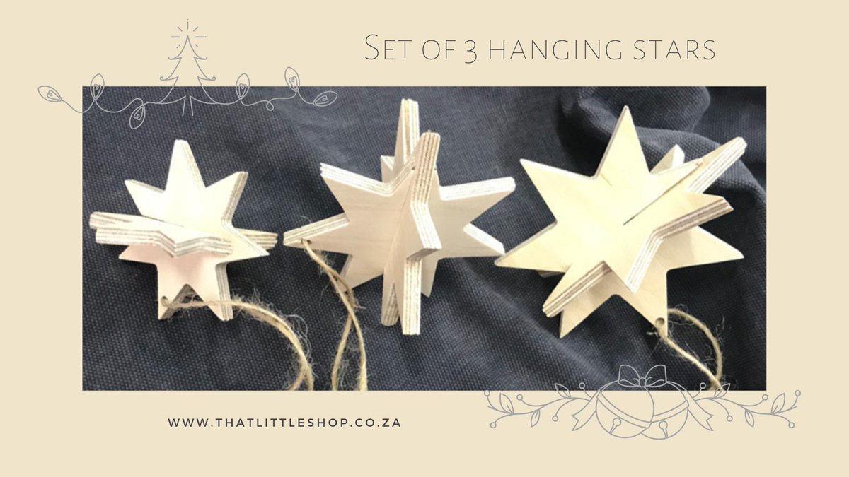 A festive set of 3 wooden #Birch Ply #stars to hang on your #ChristmasTree. Or you can hang them from the rafters over your deck as year round decoration.

#thatlittleshop #decor #homeware #gifts  #christmasdecorations #hangingstars #christmasgift #madeinsouthafrica #shoplocalsa