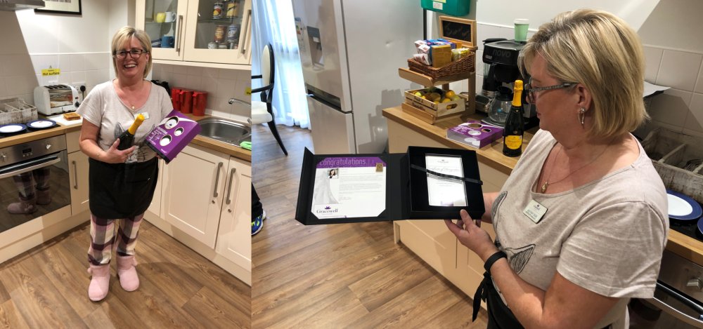 GracewellHealth's tweet photo. Team member, Heather, at #GracewellofEdgbaston received her 5 year service award dressed in her pyjamas to help raise money for #BreastCancerAwareness. Congratulations Heather and thank you for all your kindness and dedication 👏 For more info → https://t.co/fSpiWvHgha https://t.co/O5llGHnOxN