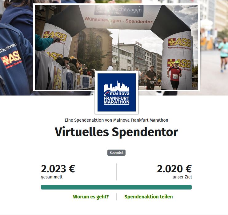 Wahnsinn, wir haben unser Spendenziel erreicht! 🤩 
Wir sagen ❤️lichen Dank an das Mainova Frankfurt Marathon Team &amp; EUCH! Ihr tragt dazu bei, dass letzte Herzenswünsche für schwerkranke Menschen in Erfüllung gehen.

#ASBHessen #Wünschewagen #FrankfurtMarathon #RunTheSkyline