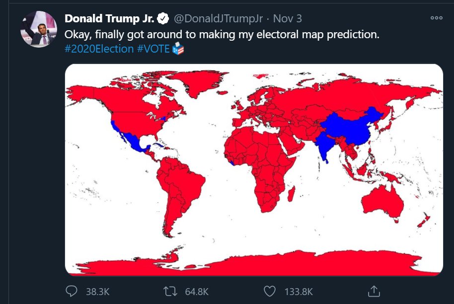 First an honourable mention for Trump Jr's map prediction tweet since it was the first map I saw on election day. Certainly an original idea, poor choice of map projection though. https://www.buzzfeednews.com/article/pranavdixit/donald-trump-jr-world-map