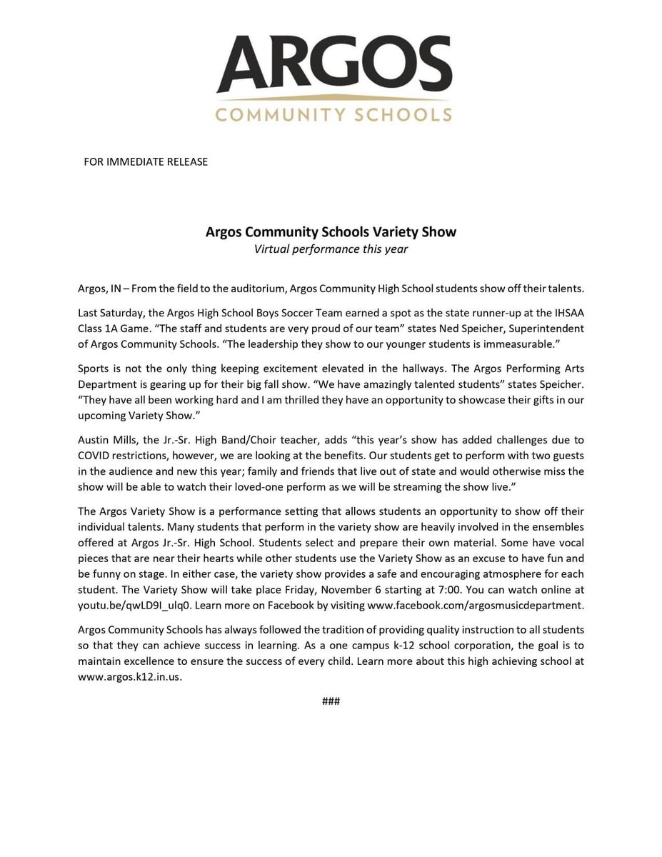 Argos Community Schools Superintendent - SOARGH