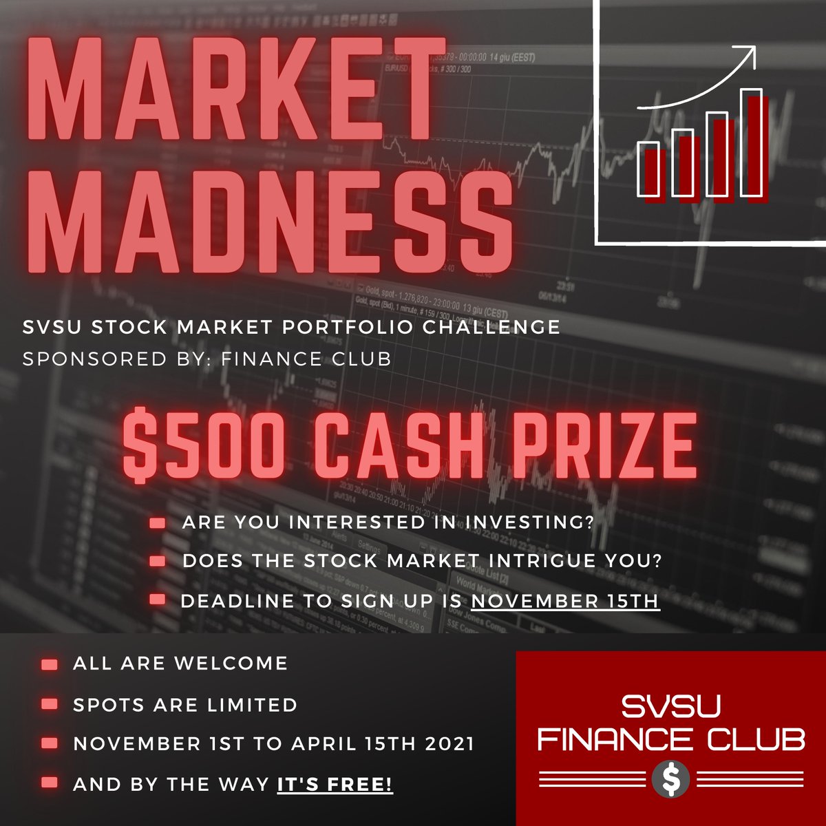 The Finance Club's $500 Market Madness competition is now live! 

Your investment and stock trading skills can be put to the test and you can win some cash! Gather a team of 4 and register today at forms.gle/Jzpo5TFCcZDBpe…