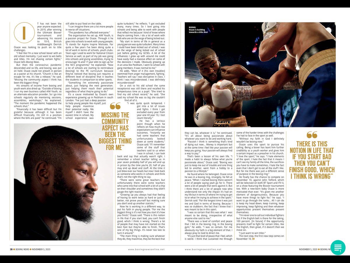 DelBoyOsaze's tweet photo. Great Write up in the latest Boxing News magazine!! Thanks to @johndennen for putting the article together👊🏾🥊!!
5 days💥
@ultimateboxxer
10th Nov
@BTSportBoxing @ITV
#TuesdayNightFightNight
#AllGloryToGod❤
#ThePunchingPreacher
#TeamDelBoy
#TeamDBO
#DBO
#DCT https://t.co/Mn6BU1ISC7
