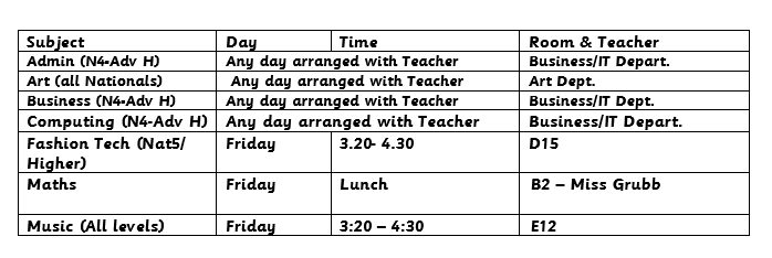 Happy Thursday everyone! It's almost the weekend but you can still squeeze in an extra hour of revision. 🤓

Here are the sessions available tomorrow (Friday 6th November) 

<a href="/KirkcaldyHigh/">Kirkcaldy High School</a> <a href="/KHSmaths/">KHS Maths</a> @KHSMusic2 <a href="/KHSArt_Dept/">KHSArt</a>