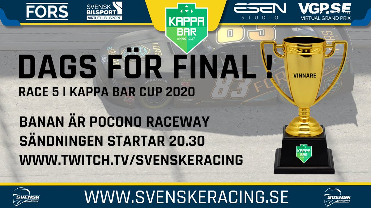 svenskeracing's tweet photo. Nu Àr det Àntligen dags för finalen. Vi har ett starkt startfÀlt och nu lÀr det bli hÄrdare tag i kurvorna. Missa inte det rafflande slutet!
SÀndningen drar igÄng 20:30 pÄ https://t.co/JhirNLG8QY
#kappabar #esenstudio #vgp #svenskabilsportsförbundet #forsinracing https://t.co/LZLtZTf6Fq