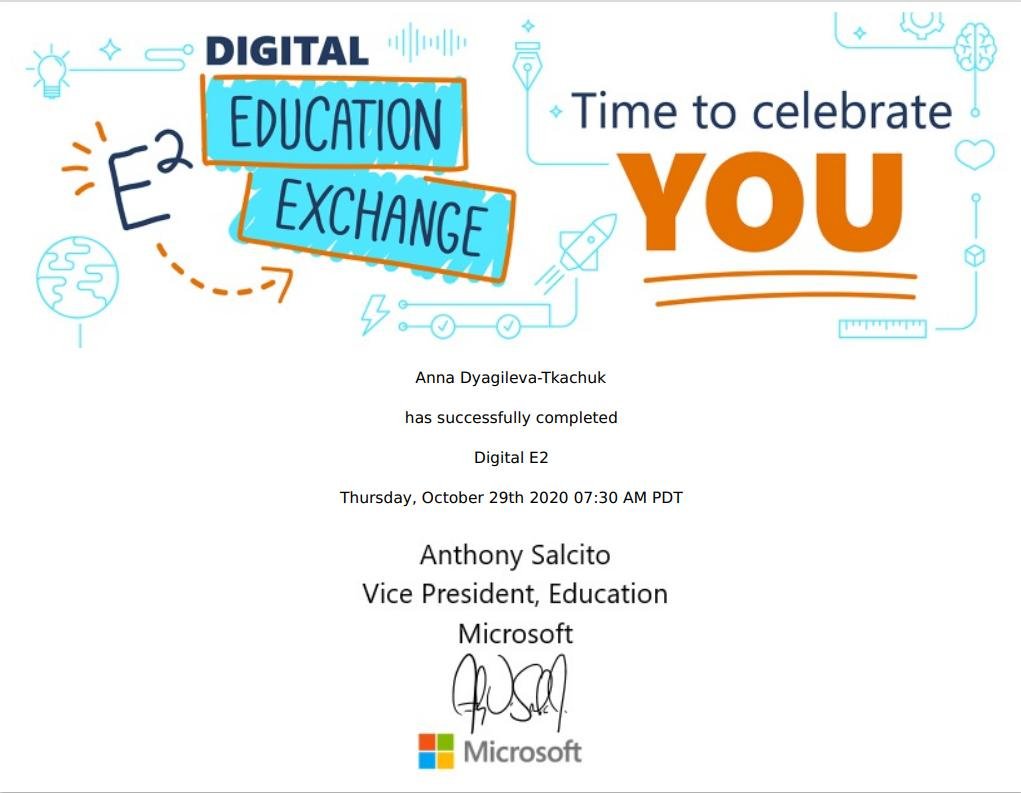 AnnaDyagileva1's tweet photo. ๐๐Thank you @MicrosoftEDU for sending out this event Certificate #DigitalE2.
#MicrosoftEDU #MIEExpert #Road2E2 #E2 #teachersloveEDU #annadyagilevaEDU https://t.co/NYN0Z4CShf