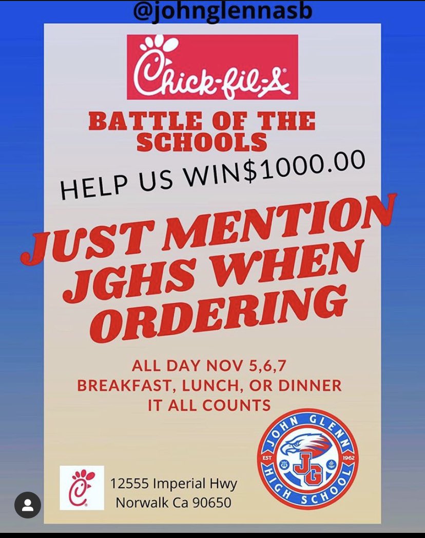 HEY EAGLES! Please go and spread your eagle pride and help us win the battle of the schools against Norwalk high! Mention John Glenn at checkout or on your mobile order ! We can do this eagles !