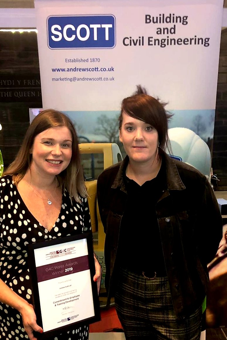 AndrewScottLtd's tweet photo. A finalist at the 2019 @G4CWales Awards in the Trainee of the Year category, Jade Knill (pictured below with CSR Manager Libby Jones) has now completed her HNC in Construction & Built Environment -Civil Engineering @NPTCGroup & is now working towards ICE Accreditation #TEWeek2020 https://t.co/rcZI9kLRXK