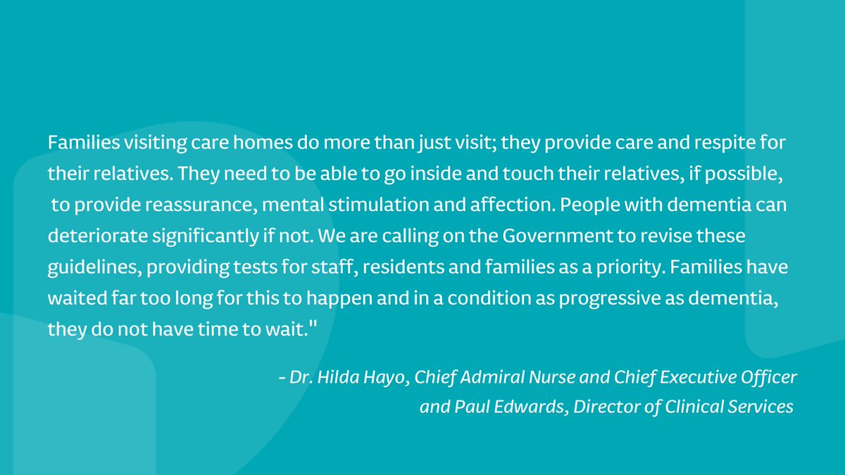 Our Chief Admiral Nurse and Chief Executive Officer <a href="/HildaHayo/">Hilda Hayo</a>, and Director of Clinical Services @PaulDemUK, have released this statement in response to the new guidance to support safe care home visits during lockdown. gov.uk/government/new… #CareHomes #DementiaCare