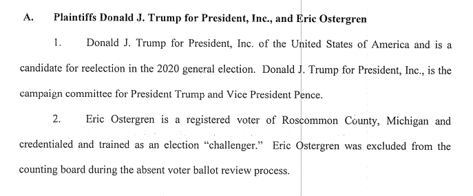 Here's the Trump campaign's emergency motion, which seeks to halt counting in Michigan until an election inspector from each party is present and video of ballot boxes is available to challengers  https://assets.documentcloud.org/documents/7297145/11-4-20-Trump-v-Benson-Emergency-Motion.pdfCampaign presented one challenger who claimed exclusion