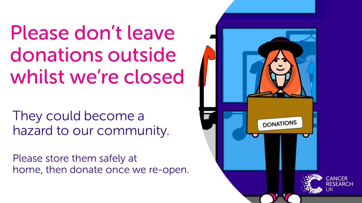 Whilst our shop is closed, we kindly ask that you don’t leave donations on our doorstep. We won’t be able to retrieve them, and they could become a hazard to our community. Instead, please keep hold of them until we re-open our doors, and most of all, stay safe. See you soon.
