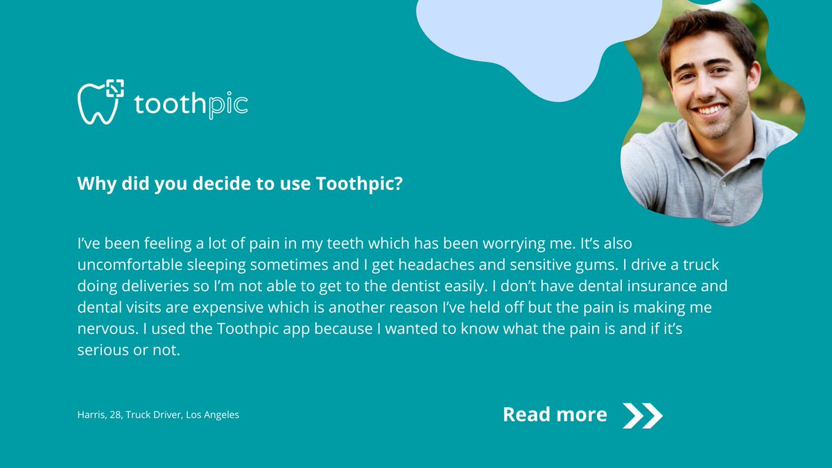 toothpicapp's tweet photo. Meet Harris, 28, delivery truck driver, based in LA.

Harris recently used Toothpic to connect with a licensed dentist in his area for a virtual consult via his smartphone.

Get your consult: https://t.co/VrqG45shMV

#smartdental #teledentistry #smilesallround https://t.co/cO8DX5ynd0