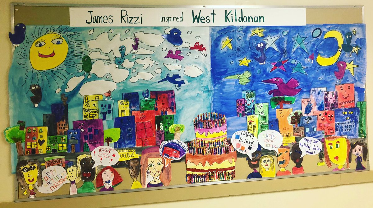 Room 8’s classroom mural inspired by the artwork of James Rizzi. People, places, and things found in West Kildonan and a birthday cake complete with 100 candles to celebrate Victory Schools 100th birthday, which is on November 26. We ❤️ our community and school!