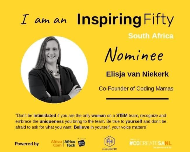 elisja6's tweet image. I am extremely humbled and honoured to have been nominated for the @Inspiring50SA 2020 awards. Thank you InspiringFifty for the nomination I look forward to this journey with you!
  @cocreateSANL @accelerate_HER #codingmamas #womanofstature  @Future_Females @UKSATechHub