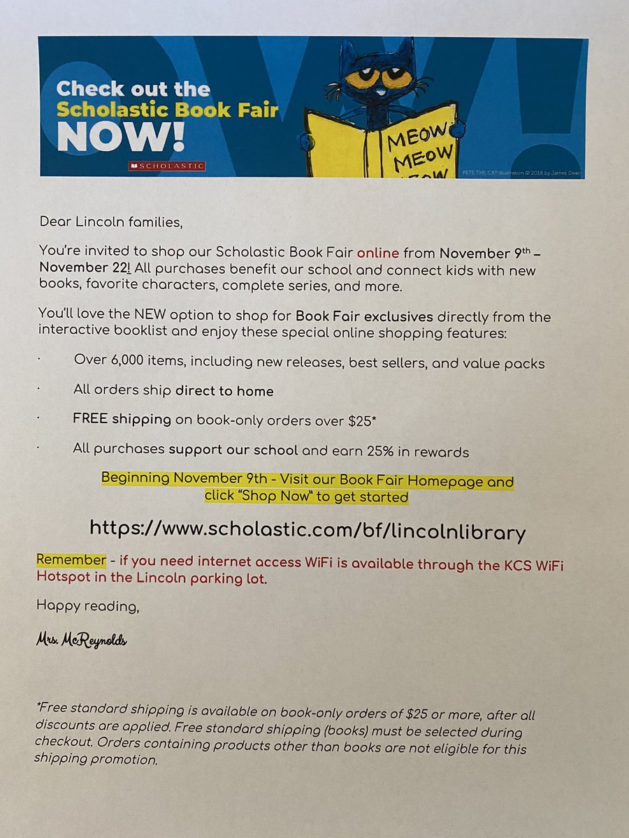 Families, check out our online Book Fair that is taking place from November 9th through November 22nd.  All orders ship directly to your home.  Simply go to scholastic.com/bf/lincolnlibr… and start shopping.