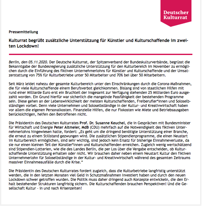 GoldmannPR's tweet photo. Endlich gibt es in der Kulturszene einen Lichtblick! Die Einführung des Unternehmenlohns für Künstler und Kulturschaffende kommt. Hier das Statement des Deutschen Kulturrates https://t.co/Qu5KVHfIUI