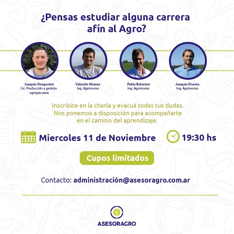 yaninaelola's tweet photo. Si estás en los últimos años del cole, y tenés pensado estudiar alguna carrera afín al agro, inscribite!!! Vamos a charlar un rato y sacarte dudas que te puedan surgir!!!! 👇👇👇#somosasesoragro #hayfuturo #hayganas #profesionalesdelmañana https://t.co/SXd4YkgLzq