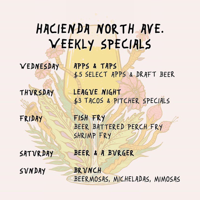 <a href="/Haciendanorthav/">Hacienda North Ave</a> is back open this week with revamped weekly specials! 🔥🍻