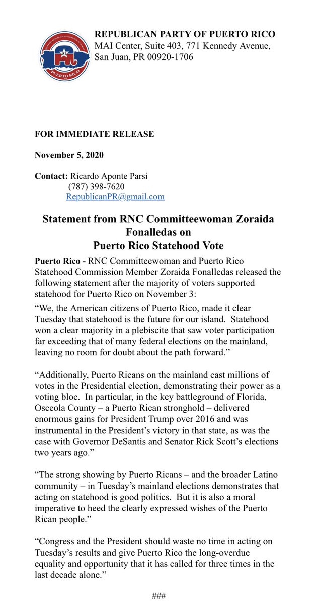 ZoriFonalledas's tweet image. PRESS RELEASE ON PUERTO RICO STATEHOOD VOTE

The American citizens of #PuertoRico made is clear that #statehood is the future of PR.

Congress &amp;amp; the President should waste no time in acting on the plebiscite’s results and give PR the long-over due equality.

@GOP_PR51 @PRSC51