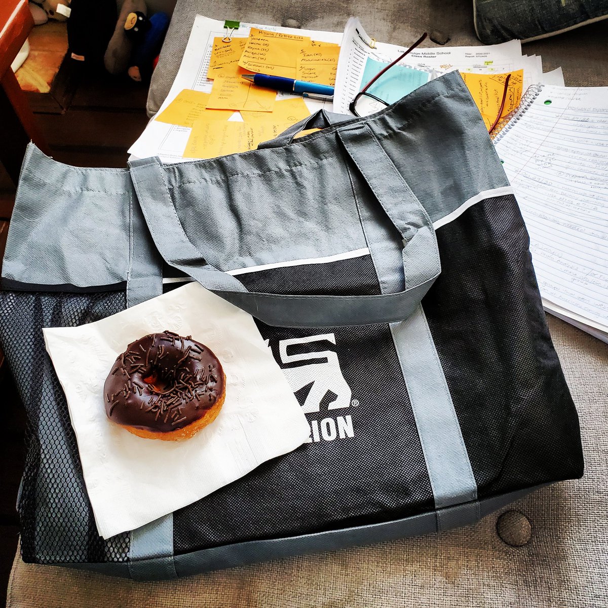 Drive-thru coffee &amp; donuts w/a bag of goodies from the awesome LRMS admin! Not just any donuts either--Duck Donuts.🦆🍩🤤

And yes, that mess in the background is all for work &amp; an accurate representation of my brain.

#somanypostits #bestadminever #lrmswolves #positivelypwcs