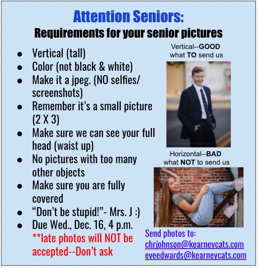BearcatLog's tweet photo. ⚠️ ATTENTION SENIORS ⚠️ Don’t forget senior pictures for the yearbook are due Dec. 16th! Late photos will not be accepted! https://t.co/w0OegaxSrv