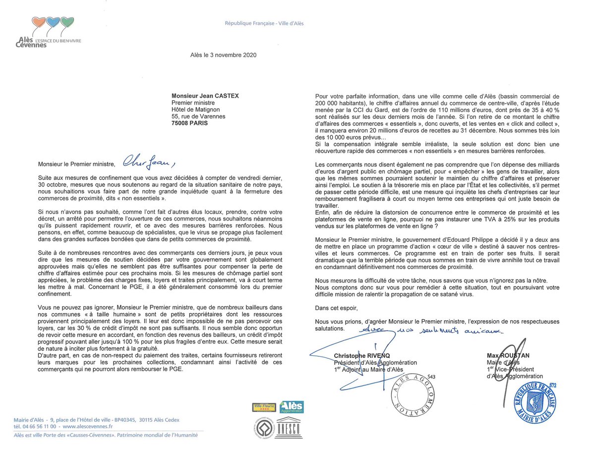 CRivenq's tweet photo. Lettre à @JeanCASTEX, Premier ministre @gouvernementFR 📝
Message commun porté avec #MaxRoustan maire d'#Alès, suite aux mesures du 2e #confinement, notamment pour les #commerces de proximité.
Soyons vigilants, responsables et serrons nous les coudes pour sortir de cette crise. https://t.co/bhPVDd4Hjv