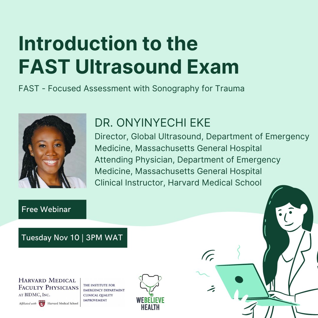Excited to announce another lecture in our special lecture series for Nigerian MDs. 

Dr. Eke is a star and I'm honored that she'll be joining us next week to teach the FAST ultrasound exam. Send a message to webelievehealth at gmail dot com for info.