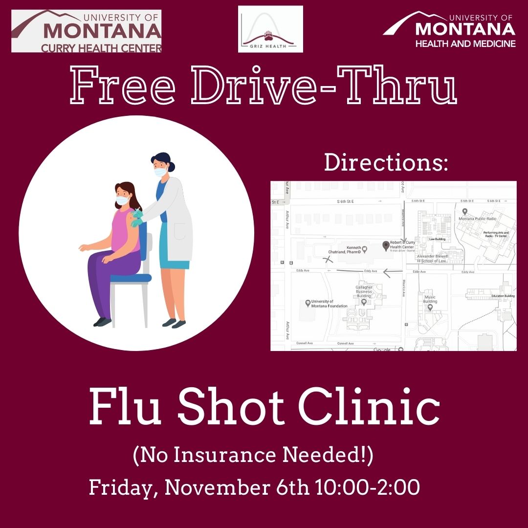 GrizHealth's tweet photo. No insurance needed- Get your flu shot for free tomorrow, November 6th from 10-2 right out side Curry Health Center. #Gogriz #stayhealthy #defendyourden https://t.co/MOP7uOZK0S