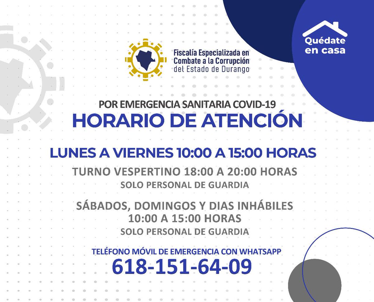 Por emergencia sanitaria del #COVID19, la #FECCED informa sobre sus nuevos horarios de atención:
De lunes a viernes de 10:00 a 15:00 horas
Turno vespertino 18:00 a 20:00 horas
Sábados, domingos y días inhábiles de 10:00 a 15:00 horas
Teléfono de emergencia: 618 151 6409