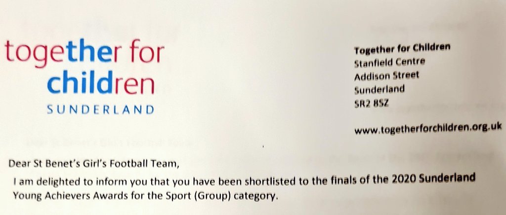 St_Benets's tweet photo. A huge congratulations to last year's  Y6 Girls' Football Team, who are finalists for team of the year at the Sunderland Young Achievers awards! ⚽️🎉🎉⚽️
We knew you were winners, now everyone else will as well! https://t.co/UKsSHX2Hbu