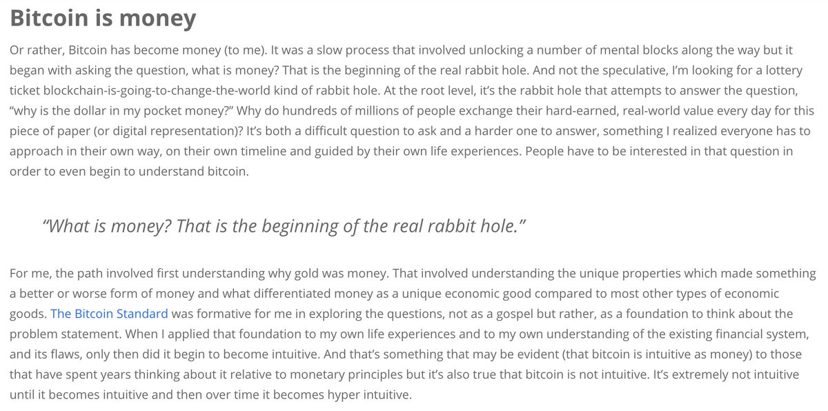 4/ The skeptical but curious academic: Parker Lewis tackles bitcoin and its evolution from first principles over a 15 part series....what is money, why was gold money, and why bitcoin has become a revolution in SoV assets. https://casebitcoin.com/gradually-then-suddenly