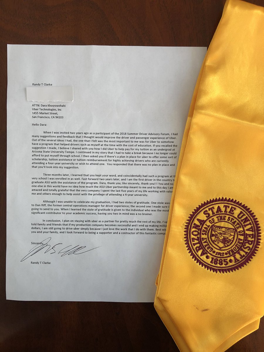 dkhos's tweet photo. Letter from Randy who had suggested to me in one of our @Uber driver forums that we should offer tuition assistance. 3 mos later we did. Randy is our first driver to graduate @ASU through our program. Thank u 🙏 Randy for making my day! https://t.co/LoSPP4XMDU