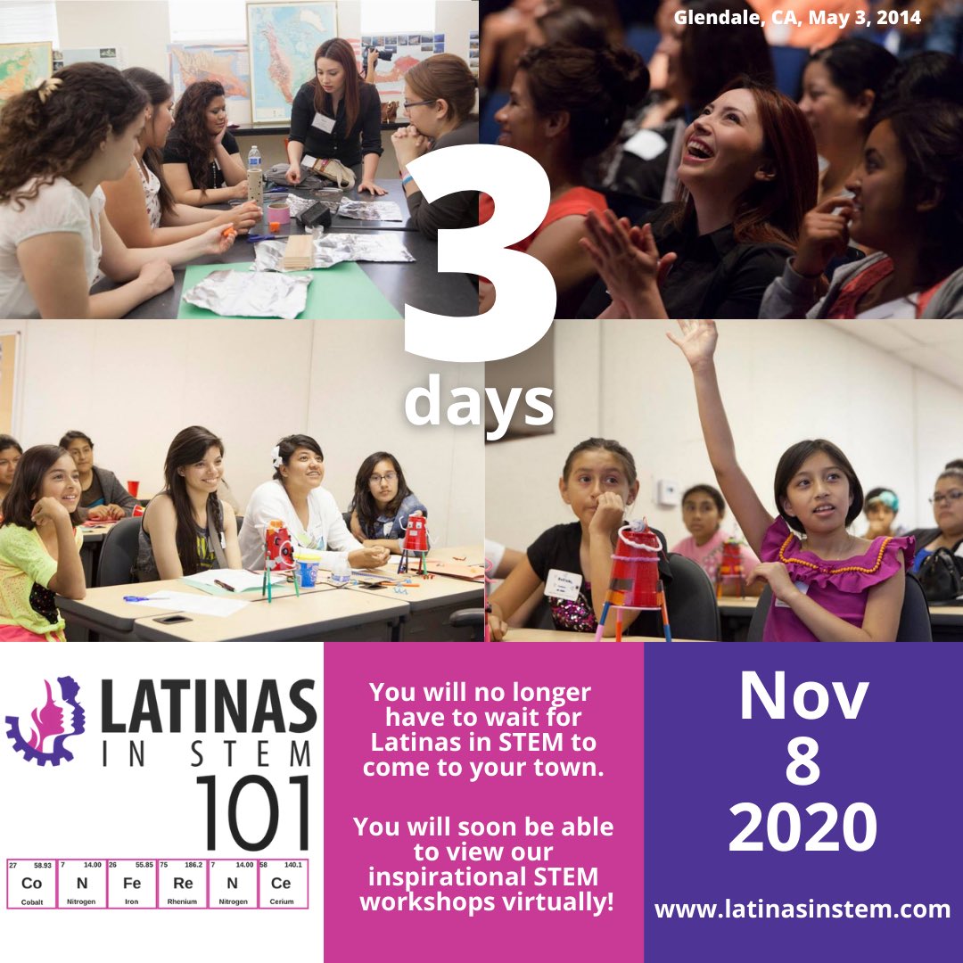 LatinasinSTEM's tweet photo. Latinas in STEM 101 workshops will be posted online on November 8, 2020!
You will no longer have to wait for Latinas in STEM to come to your town, you will soon be able to view our inspirational STEM workshops at home! #latinasinstem101 #latinasinstem #stem https://t.co/E75RBSwSCR