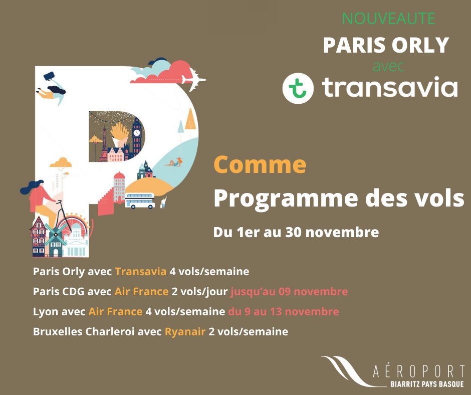 aeroportbiq's tweet image. Programme des vols pour le mois de #novembre:
👉 Paris Orly avec @transavia 4 vols/semaine 
👉Paris CDG avec @airfrance 2 vols/jour jusqu’au 09 novembre
 👉Lyon avec @airfrance 4 vols/semaine  du 9 au 13 novembre
👉Bruxelles Charleroi avec @Ryanair 2 vols/semaine