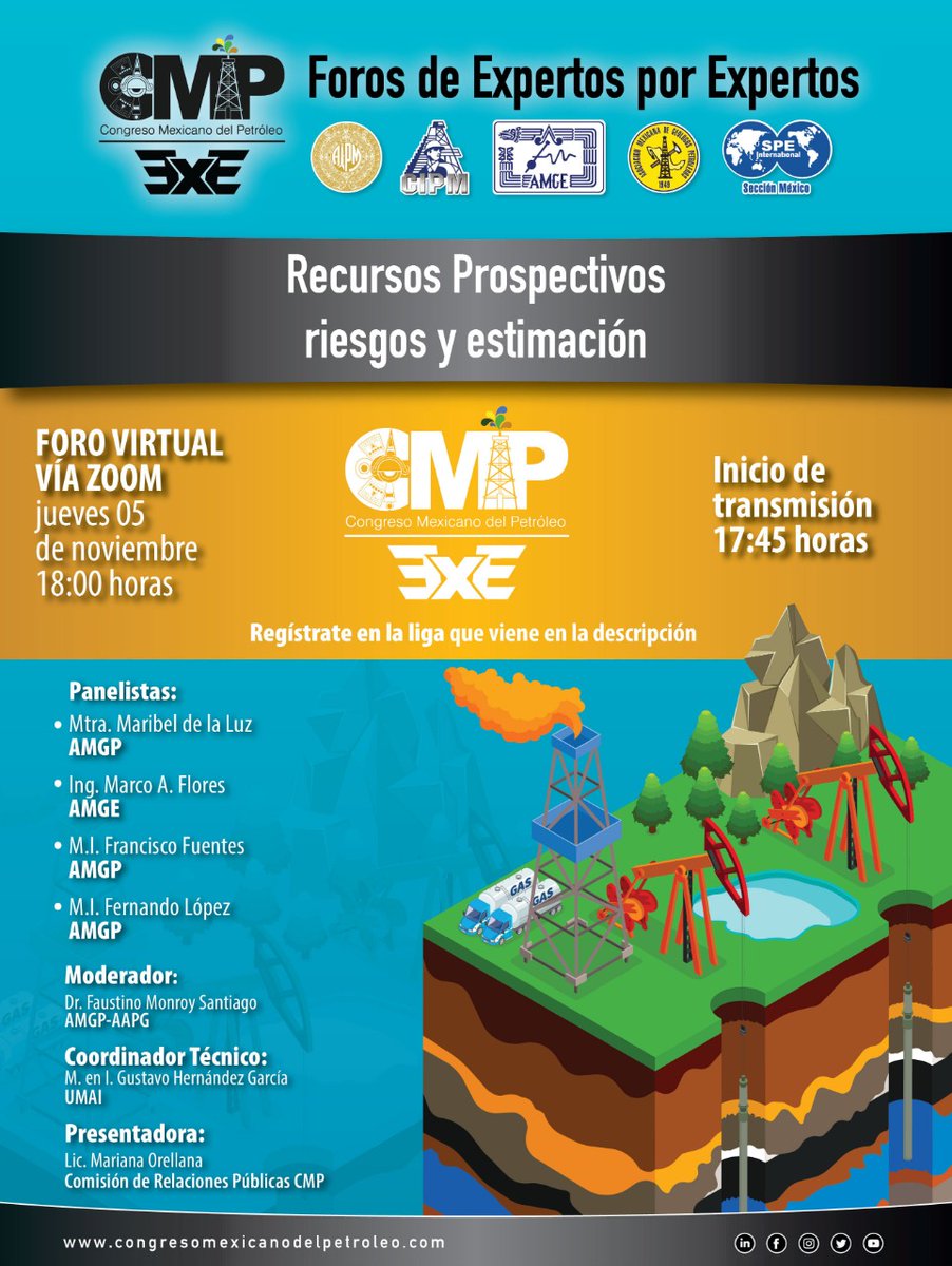 CIPM_mx's tweet photo. Hoy es el segundo foro #CMPExE "Recursos prospectivos: riesgos y estimación".  📌 Acompáñanos en esta conversación con especialistas del sector. Iniciaremos transmisión desde las 17:45 horas. ¡Regístrate! ➡️ https://t.co/DlFg5ZOGfU 

@SPE_Mexico @AIPM_AC @CMP_Petroleo #ForosCMP https://t.co/4iRhSpzJQU
