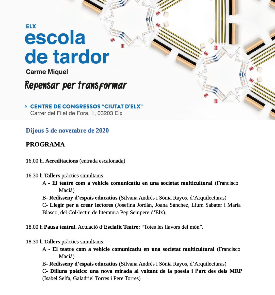 margarida_vlc's tweet photo. Hui hem fet els tallers pràctics de l'#EscoladeTardor #CarmeMiquel a #Elx. Tot un repte, però amb un equipàs que fa màgia! #DGIEO #SEP https://t.co/exa909EuF0