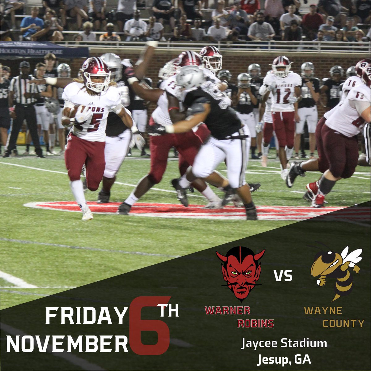 robinsfootball1's tweet photo. Demons๐๐ Yellow Jackets ๐
๐
November 6, 2020
โฐ 7:30 pm
๐ Wayne Co HS Stadium
๐ Jesup, GA
#FireItUp #RegionGame2 https://t.co/fFsrhN0Ry2