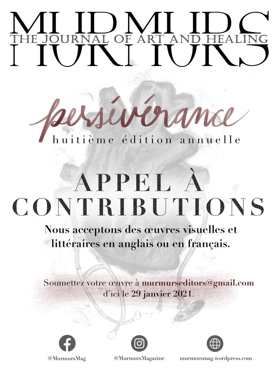 uOttawaMEHP's tweet photo. Murmurs, le Journal d'art et de guérison créé par les étudiants @uOttawaMed lance leur appel des soumissions annuel! Le thème de cette année: la persévérance. Soumettez à murmurseditors@gmail.com avant le 29 janvier 2021.

Voir les éditions précédentes: https://t.co/4HKQsTqLZb https://t.co/mokONMLwFZ