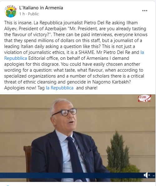 1/Now journalist of Italian La Republica Peitro Del Re is under abusive attack of Armenian lobby. it was also case with <a href="/TF1/">TF1</a> and <a href="/nytimes/">The New York Times</a> journalists who were physically threatened by Armenian lobby. We strongly condemn such attacks against to free media/ freedom of expression.