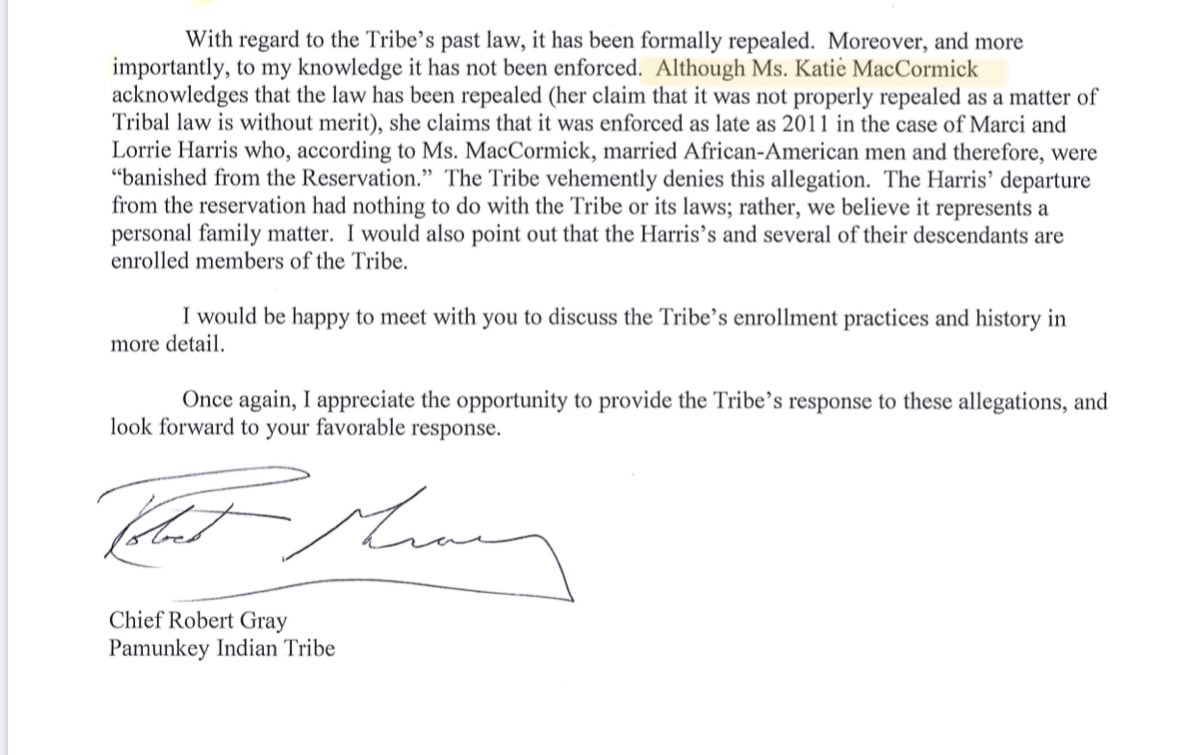 Katie McCormick is also mentioned in Chief Gray’s letter to Rep Gwen Moore bc she wrote a letter to Rep Moore on our behalf, citing the active anti-black racism she has observed at  #Pamunkey. For doing so, the Chief charged her with “disloyalty” and took away he right to vote.