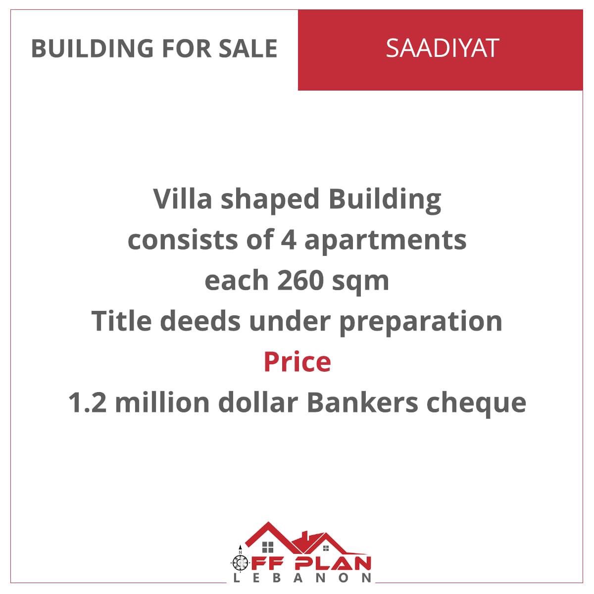OffplanL's tweet photo. #Building for sale in #Saadiyat
Consists of 4 apartments each 260 sqm
Title deeds under preparation
Price 1.2 million dollar Bankers cheque
For more info, please Whatsapp us on +971581979703
#Lebanon #RealEstateLebanon #RealEstate #properties 
#عقارات #عقارات_لبنان #لبنان #بيروت https://t.co/uJZ3O3X7uy