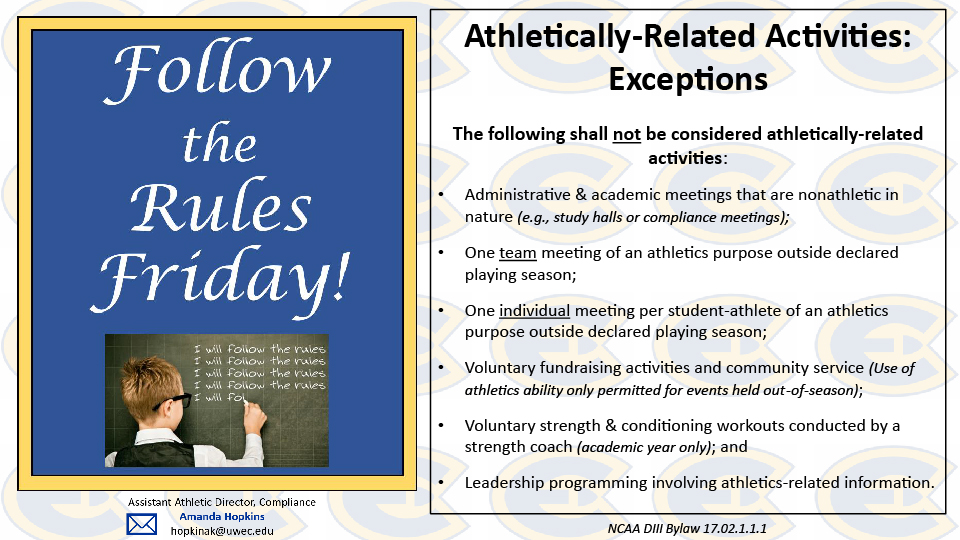 UWECblugolds's tweet photo. Hey Blugolds! 
Do you know what you activities you are allowed to participate in when your sport is in-season? What about the off-season? #AskAmanda offers some clarity on those subject!
https://t.co/gZrDL6fvIA https://t.co/UQRNw9qhFa