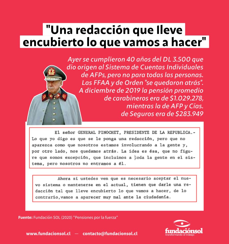 [40 años AFP] Compartimos fragmentos de las actas secretas de la Junta Militar, señalando querer encubrir, el quedar fuera del sistema de AFP. Hoy, las FF.AA y de Orden reciben pensiones hasta 7,3 veces superiores, si se considera montos recibidos por Oficiales