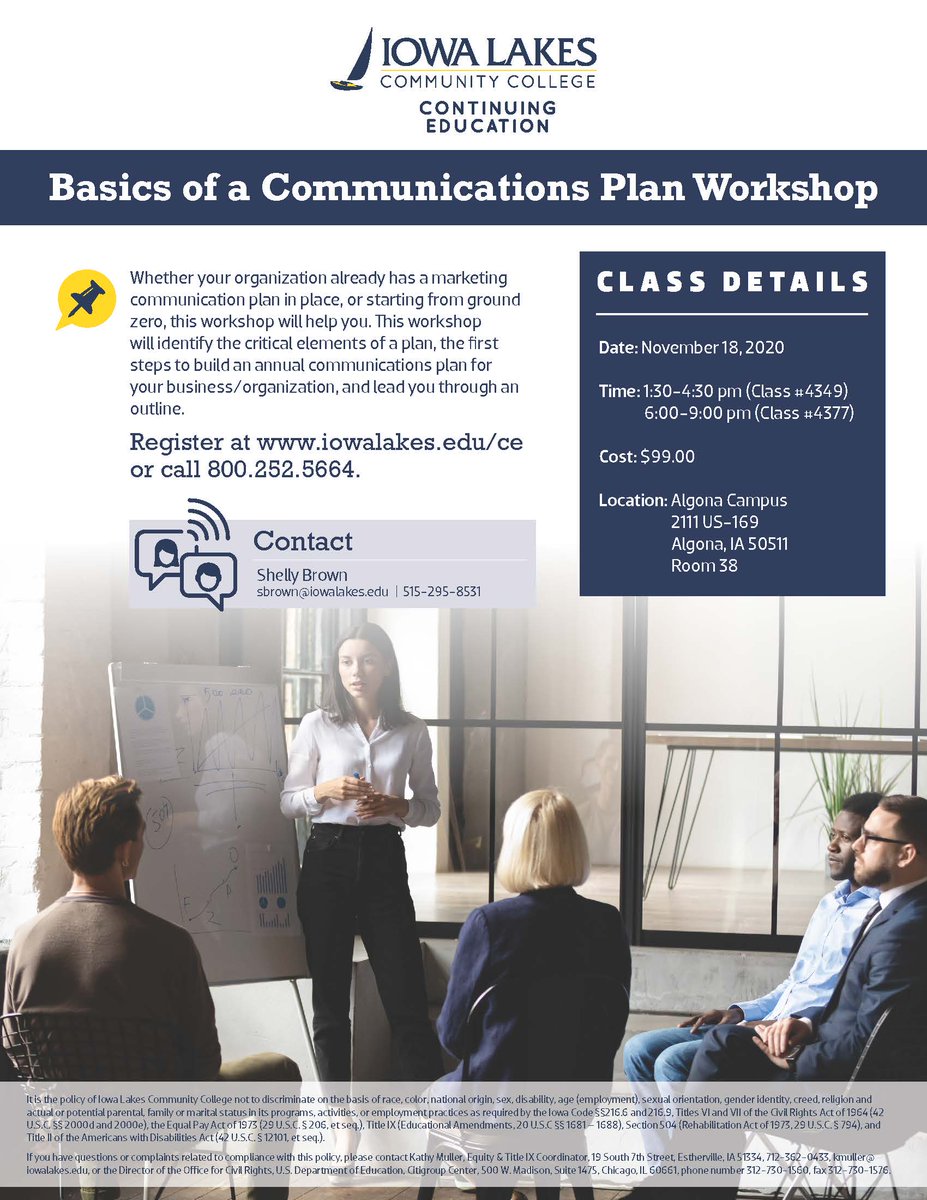 ILCC Continuing Education-Basics of a Communications Plan Workshop will be held Wed, Nov. 18.

Register at iowalakes.edu/ce or call 800-252-5664