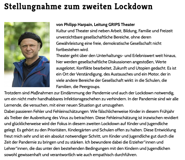Stellungnahme zum zweiten #Lockdown von Philipp Harpain, Leitung #GRIPSTheater

Die Stellungnahme findet sich hier:
grips-theater.de/unser-haus/pre…