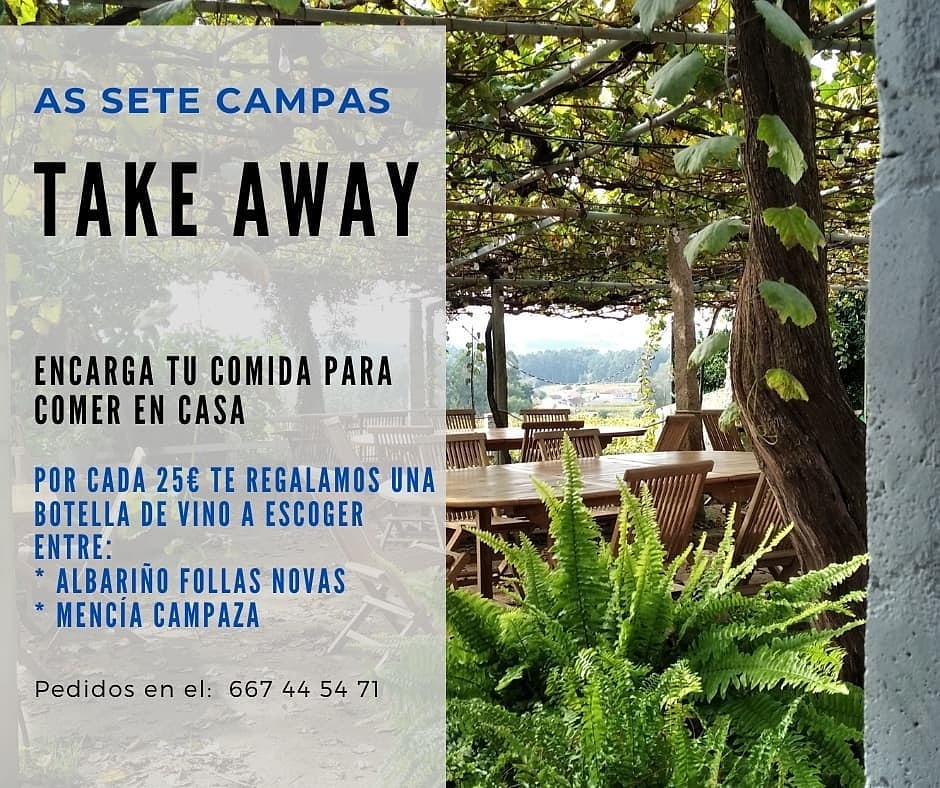 Take away con sorpresa by <a href="/AsSeteCampas/">As Sete Campás</a>
• • • • • •
... por cada pedido de 25€ os regalamos una botella a escoger entre: albariño Follas Novas o mencía Campaza.