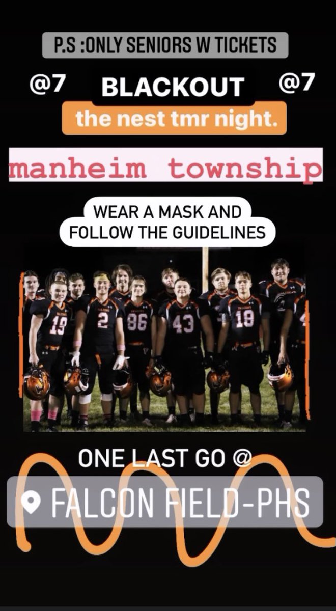pennsburypride's tweet photo. SENIORS ONLY WHO WON A TICKET: BLACKOUT the nest tmr night @7🖤🧡 Wear your 😷 Come support the @pennsburyfb team &amp; senior cheerleaders!!🏈🏈 https://t.co/Fwa9PPusVa