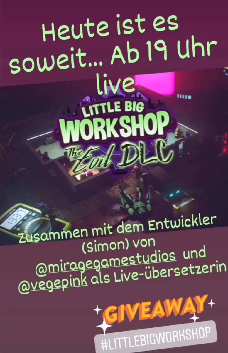 Manulm80's tweet photo. Nur noch knapp 1 Stunde und dann geht es los!! Ich freu mich auf euch
#littlebigworkshop #manuccino #diephantas #evildlc #twitchde #twitchstreamer https://t.co/gtVNUa762Z